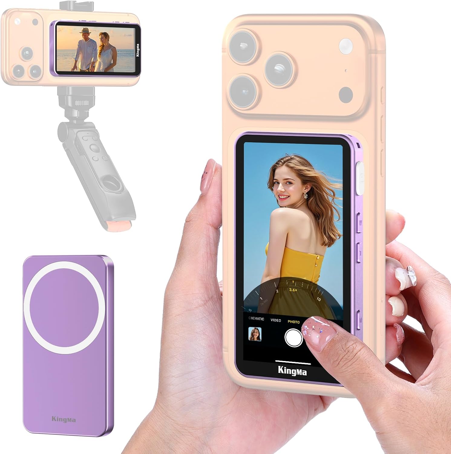 King Ma Touchscreen Monitor, Magnetic Phone Vlog Selfie Monitor Screen, Syncing iPhone Back Camera Selfie Screen with Shutter & Zoom Control, Supports iPhone 15/16 Series 4K 30FPS Recording (Purple)