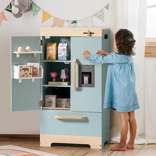 Miniatura 8 de ROBOTIME - Refrigerador de madera de juguete, para niños pequeños y grandes, con máquina de hielo y alimentos, juego de cocina de simulación para