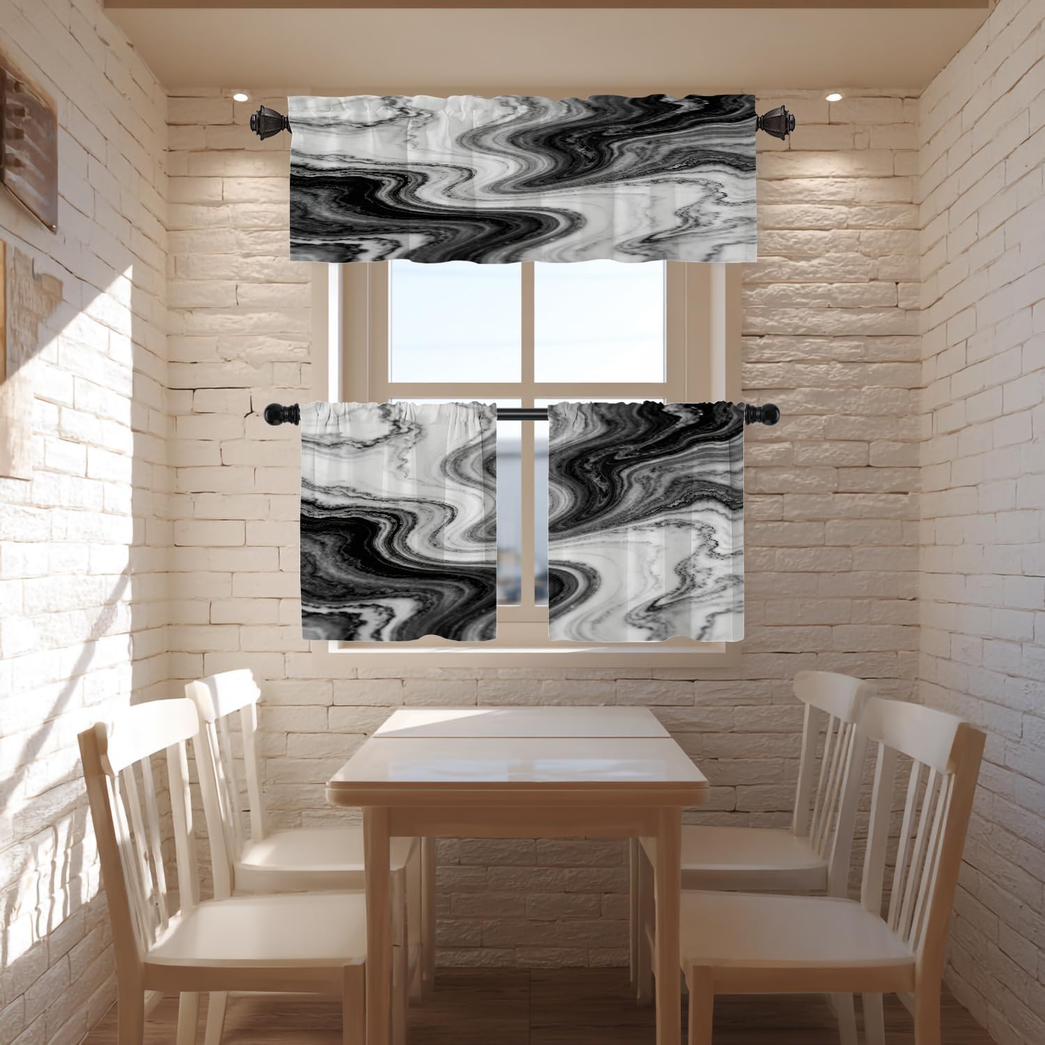 White Gray Modern Marble Kitchen Tier Curtains for Windows,Jet Black Art Texture Blackout Valances Multilayer Polyester Window Treatments for Kitchen 2 Pack 26X24 Inches