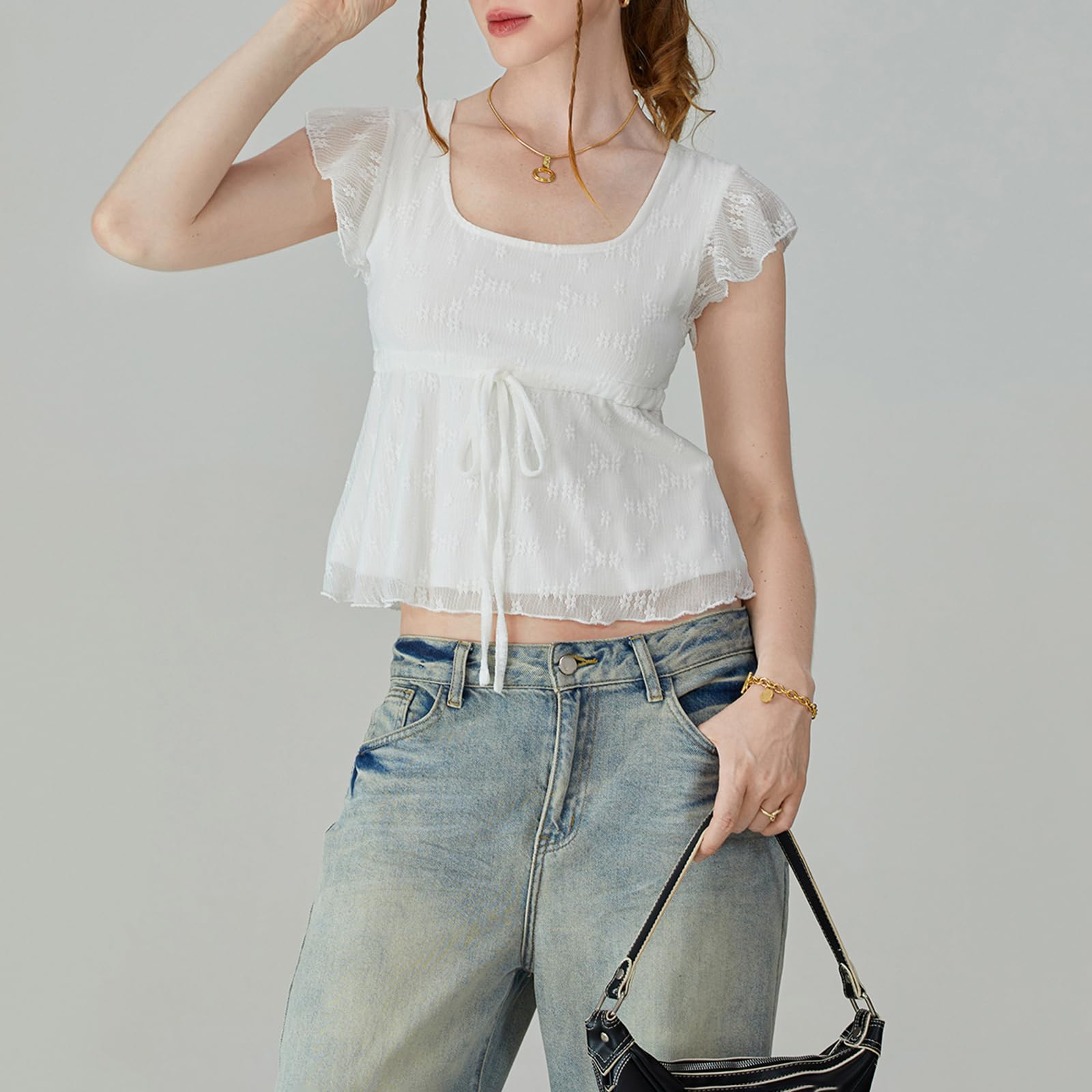 FOMOYUU Top da donna Y2k con scollo quadrato in pizzo e maniche volanti con volant Babydoll camicetta estiva orlo svasato per uscire canotta corta