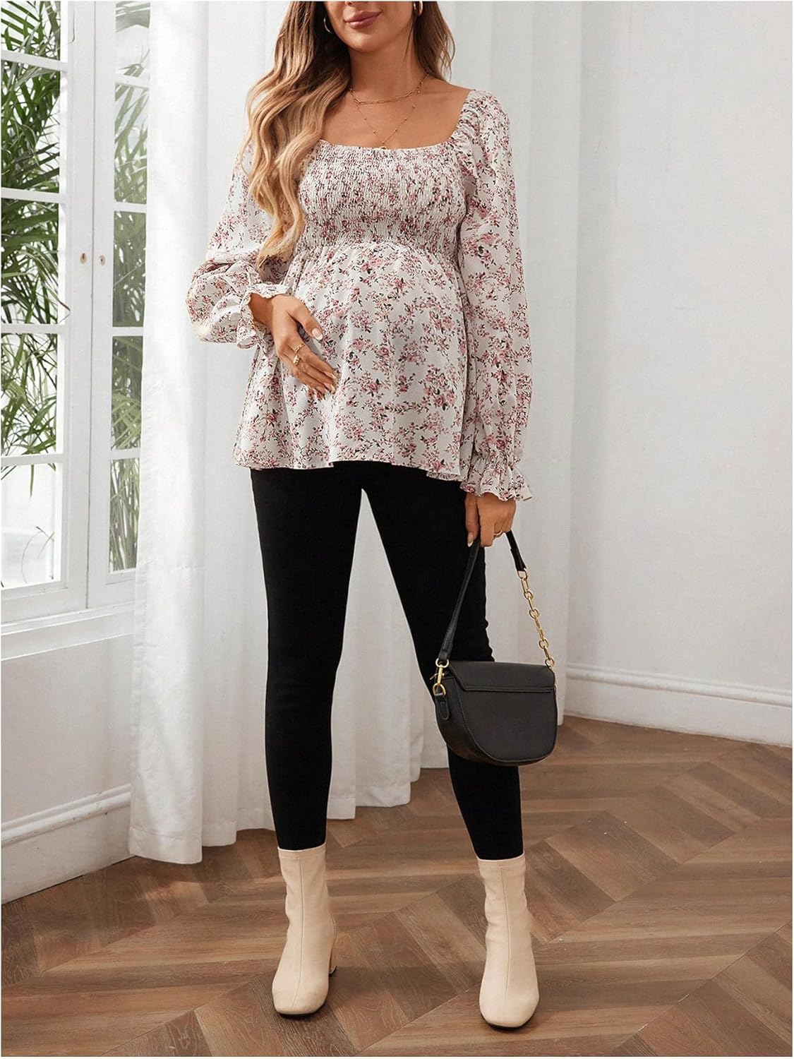 MakeMeChic Women's Maternity Blouse Floral Square Neck Ruffle Sleeve Shirts Peplum Shirred Business Office Work Tops - Image 5