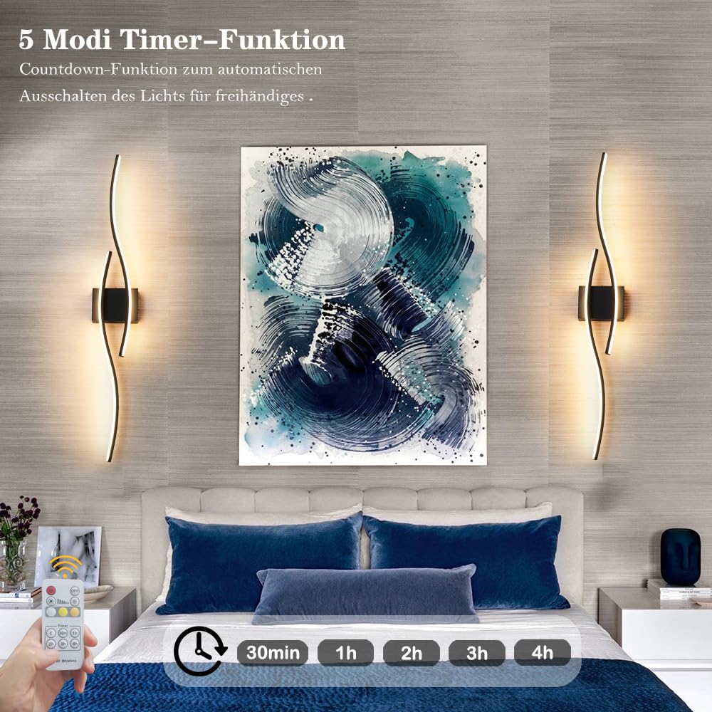 Modernes 2er-Set Wandleuchten mit Fernbedienung, Dimmbare LED-Wandleuchten 26W, Schwarze Wandleuchte mit Timer, Wandbeleuchteung für Wohnzimmer Schlafzimmer Flur, Schwarz, 103 CM
