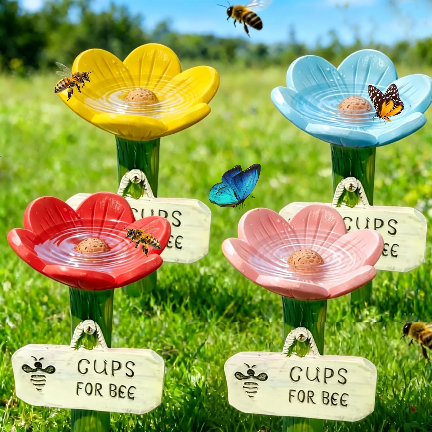 Bee Watering Station for Garden, 4PCS Cups for Bees, Decorative Bee Drinking Feeder with Stake, Flower-Shaped Resin Pollinators Feeder, Outdoor Water Cups for Bees Butterflies Yard Lawn Patio
