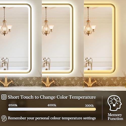 Miniatura 3 de S'bagno Espejo LED dorado de 32 x 24 pulgadas para baño con luz frontal y retroiluminada, espejo de baño LED con marco de metal, antivaho, regulable