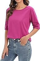 Vista 4 de Womens Elbow Length Sleeve Tops Summer Fashion Cotton Blouses Casual Tunic Tee Shirts