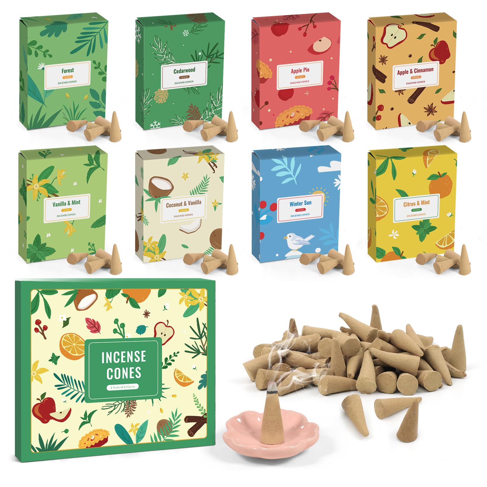 SCENTORINI Incenso Coni Naturale, 8 Profumi-120pcs- Foresta, Legno Cedro, Torta Mele, Mela Cannella, Vaniglia Menta, Cocco Vaniglia, Sole Caldo, Arancia Menta