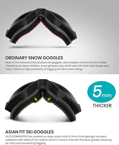Miniatura 3 de OutdoorMaster Asian Fit - Gafas de esquí para niños, anti niebla, para niños y niñas, ajuste de puente bajo, protección UV400