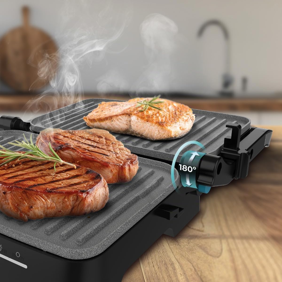 Cecotec Rock'nGrill Elektrogrill 1500 Full Open, 1500W, Öffnung 180°, RockStone, Antihaftbeschichtung, schwimmende Platte, Fettauffang, vertikale Lagerung, einstellbare Temperatur, 281 x 173 mm