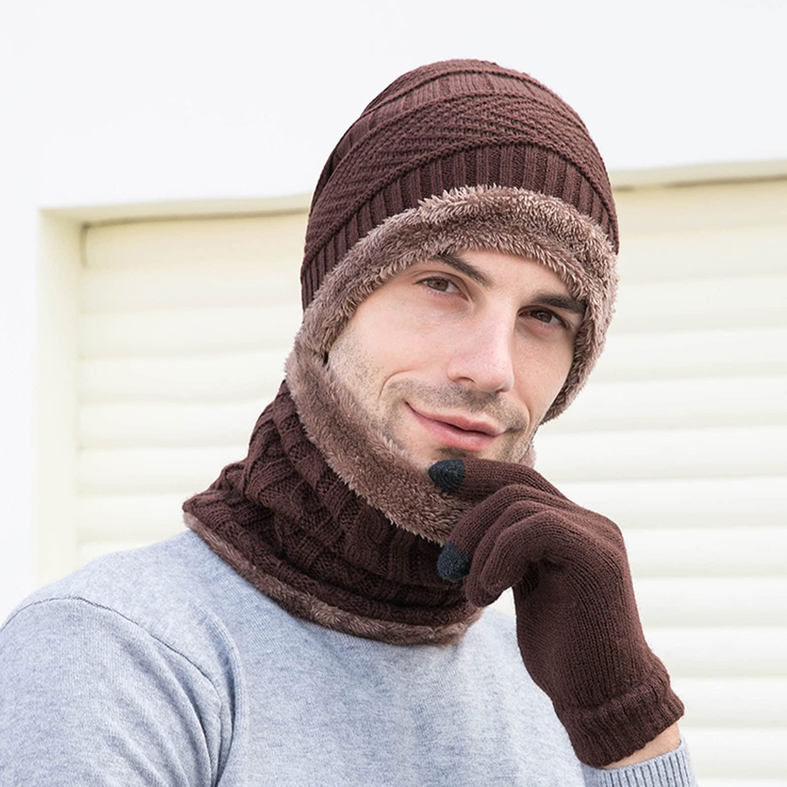 QWAXTRIW Szalik i czapka Męska Oddychająca bawełna Elegancki zegarek Kapelusz Ciepła techniczna czapka z czaszką Czapka zimowa Dzianinowa wełniana luźna czapka Beanie Lekka narciarska