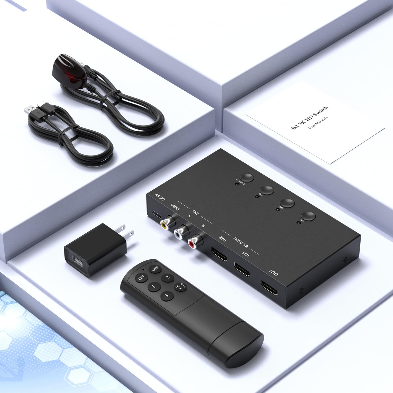 Commutatore RCA/HDMI 8K 60Hz 3x1, adattatore HDMI 2.0 a 2 vie + 1 convertitore da RCA a HDMI, rapporto schermo 4:3/16:9, supporto 3D per PS1/2/3/4/5, N64, SNES, Switch, DVD, Roku, Fire Stick