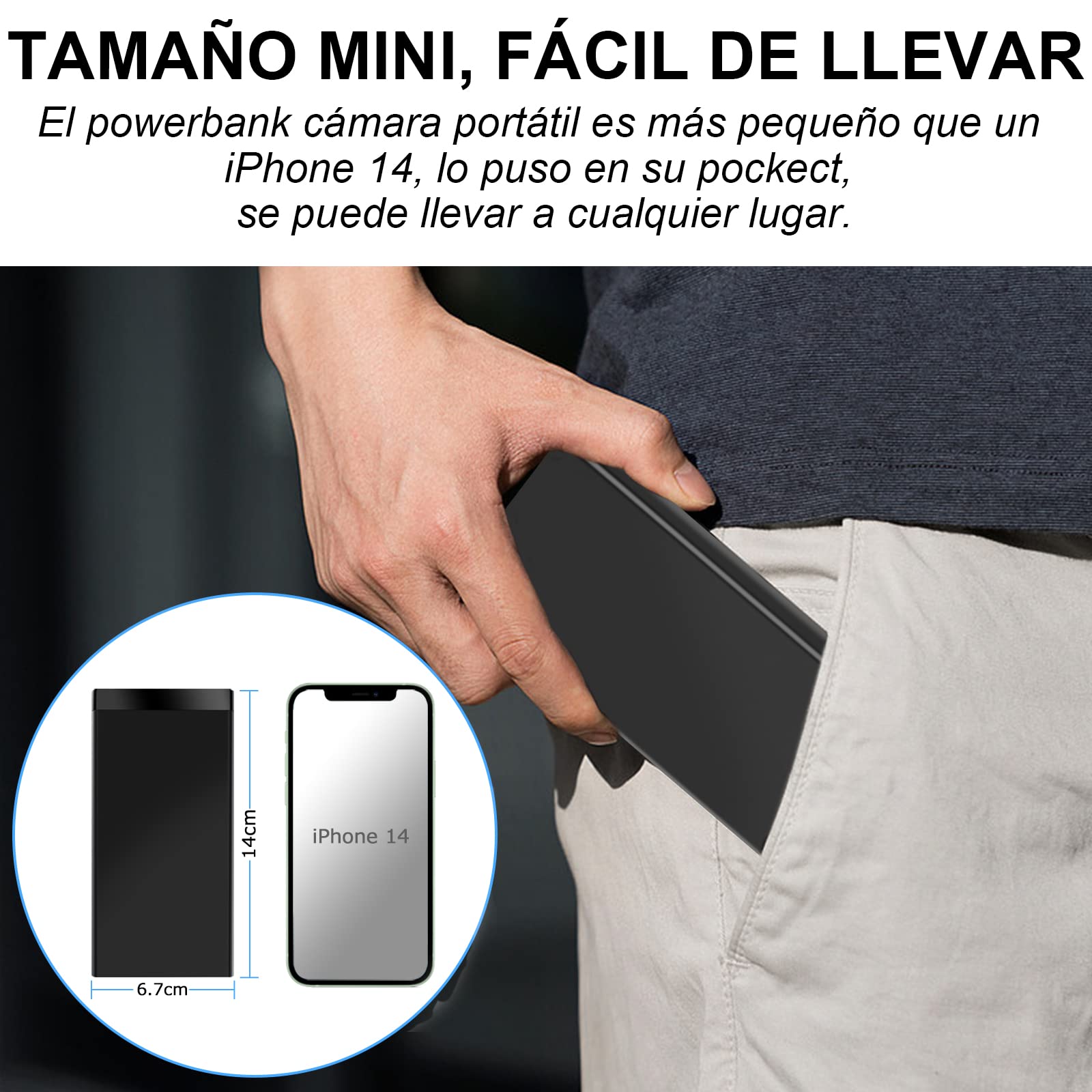 Camara Espia Oculta, 10000mAh Mini Cámaras Espías Power Bank 1080P HD, Micro Camara Seguridad 50 Horas de Grabación con Visión Nocturna Detector de Movimiento