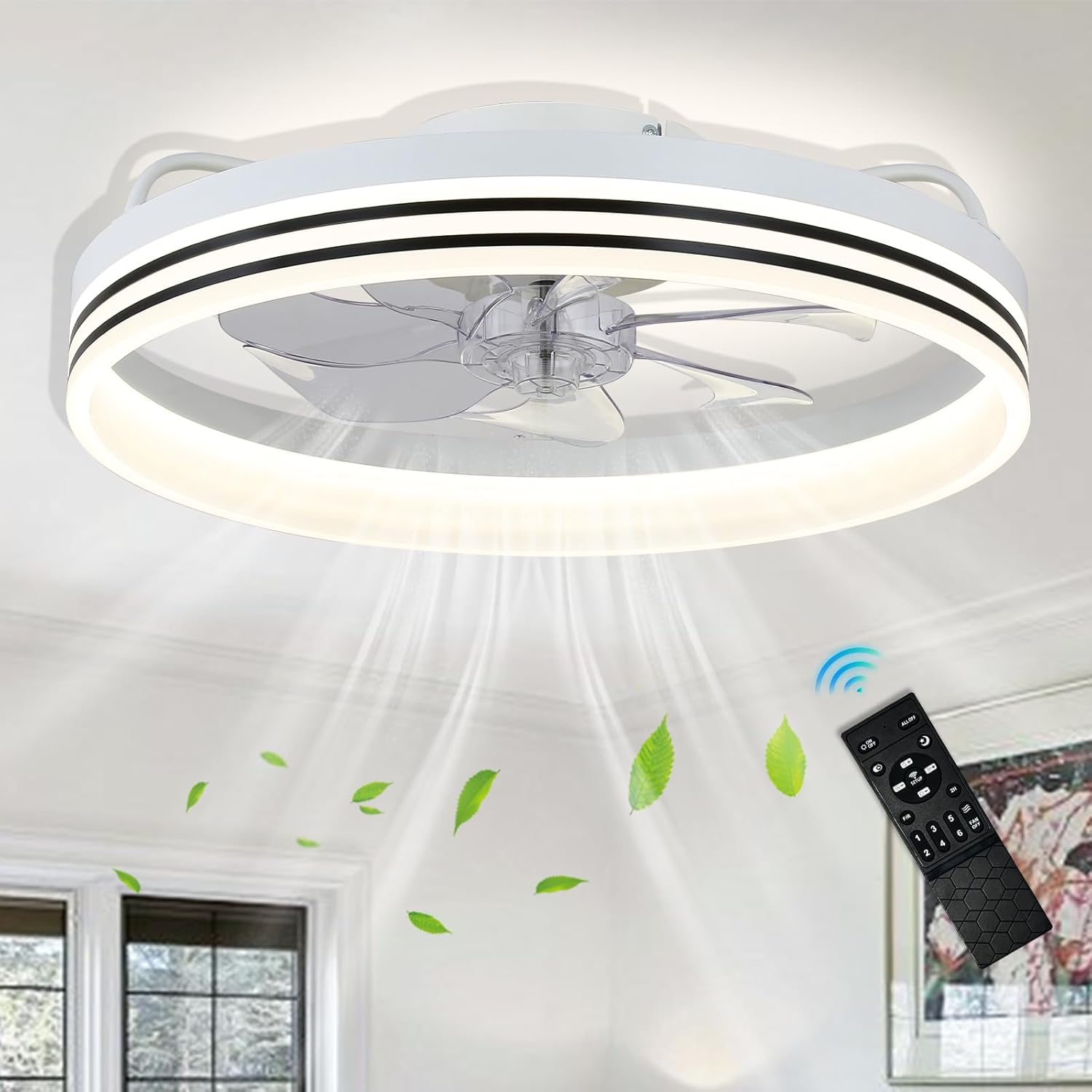 20" Low Profile Ceiling Fan with Light - Remote Control LED Flush Mount Modern Indoor Ceiling Fan for Bedroom, Living Room & Dining Room (White) 012-White