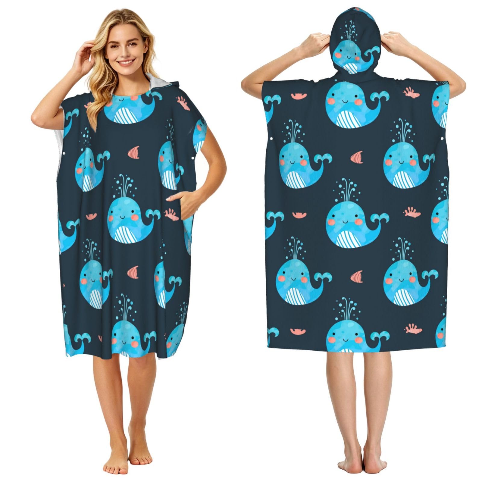 Poadnly Cute Whales And Fishes, Adult Hooded Beach Towel 90 x 110 cm,Changing Bath Robe, Surf Poncho Towel For Women Men