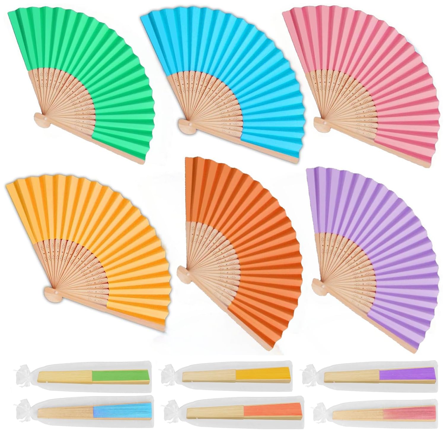QIGEN LTD 6Pcs Paper Fans hand fan folding Bamboo Handheld Fan Folding DIY Handmade Fans For Vintage Wedding, Party & Home Décor,Photography Props