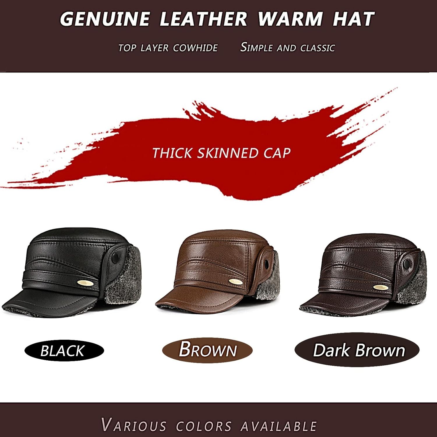 Winter Hats for Men,Trapper Hat Warm Winter Leather Hats Hunting Hat with Ear Flaps,Gift for Dad Boyfriend Unisex