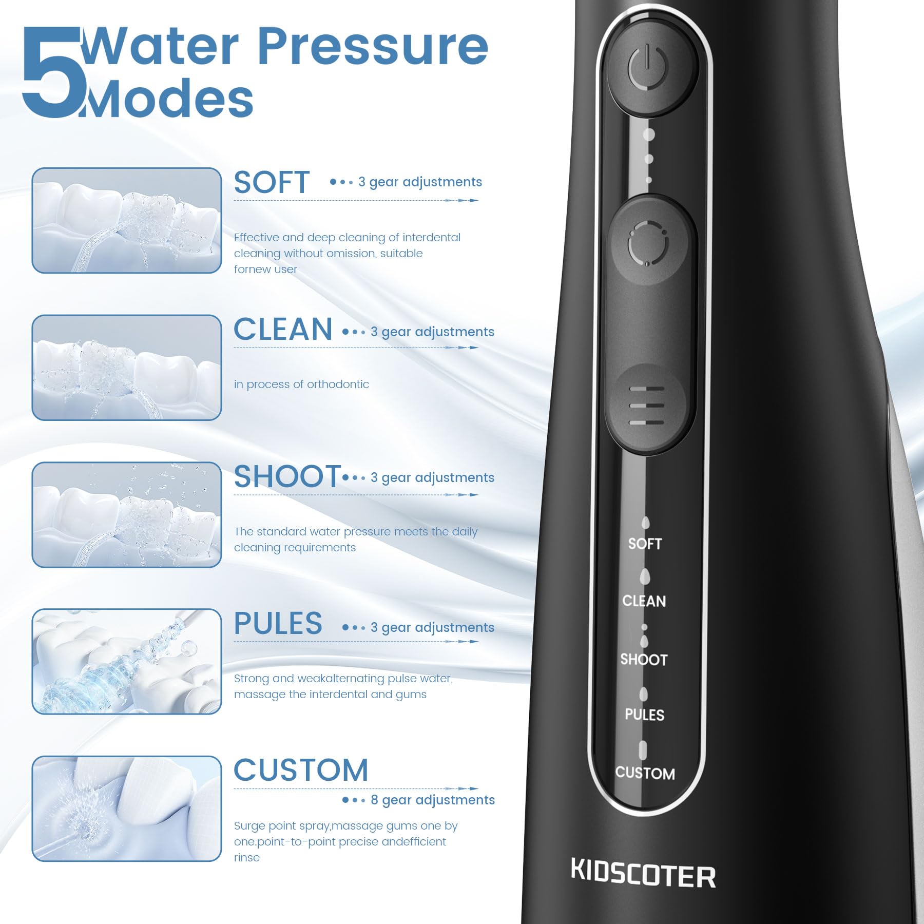 Zahnseide mit abnehmbarem waschbarem Tank, 5 Modi, wiederaufladbar, schnurlos, Munddusche, 300 ml, tragbare Zahnseide, IPX7 wasserdicht für Zuhause und Reisen, Schwarz