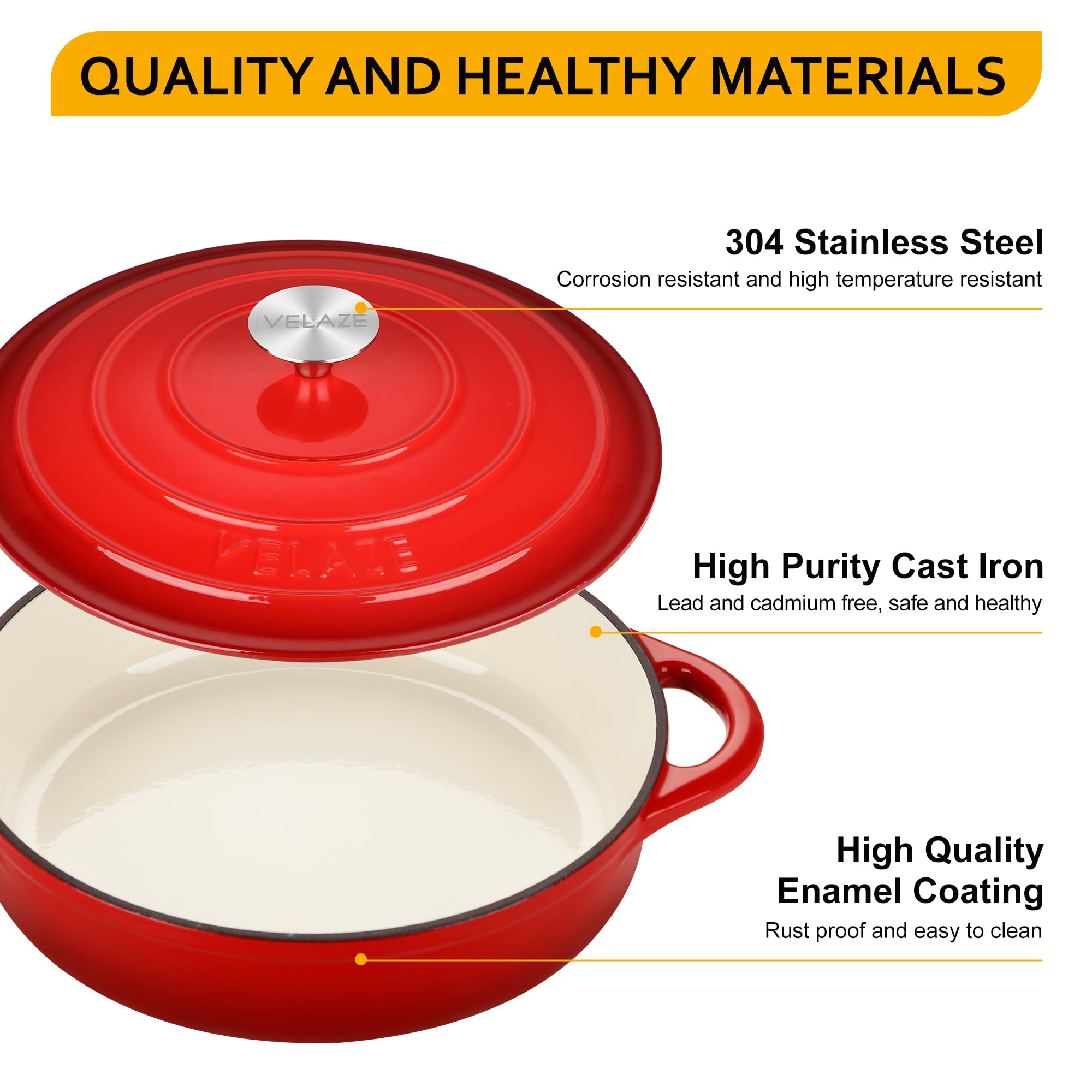 Velaze Casseruola in Ghisa, Pentola a Induzione per Stufati e Brasati, Cocotte Casseruola con Coperchio in Rivestimento Smaltato, Forno Olandese, Rosso, Rotondo - 28cm, 3.5L