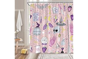 Spooky Shower Curtain Halloween Witchy Gothic Black Alchemy Magic Boho Skull Bat...