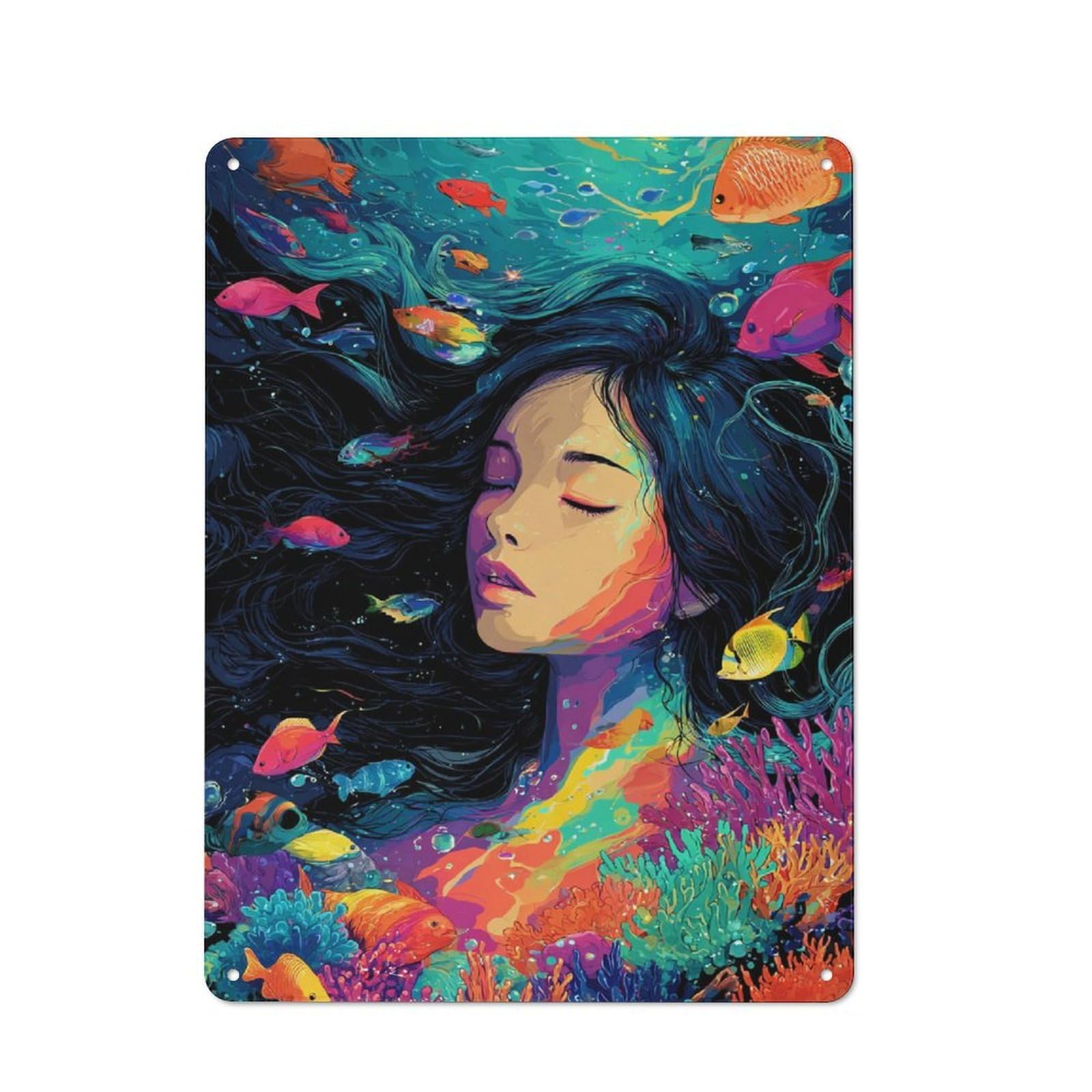 Nostalgic Underwater Serenity A Dreamy Fusion of Woman And Fishes Metal Wall Sign 40x30cm, Classic Pub Decor for Bar, Kitchen, Garage Or Games Room