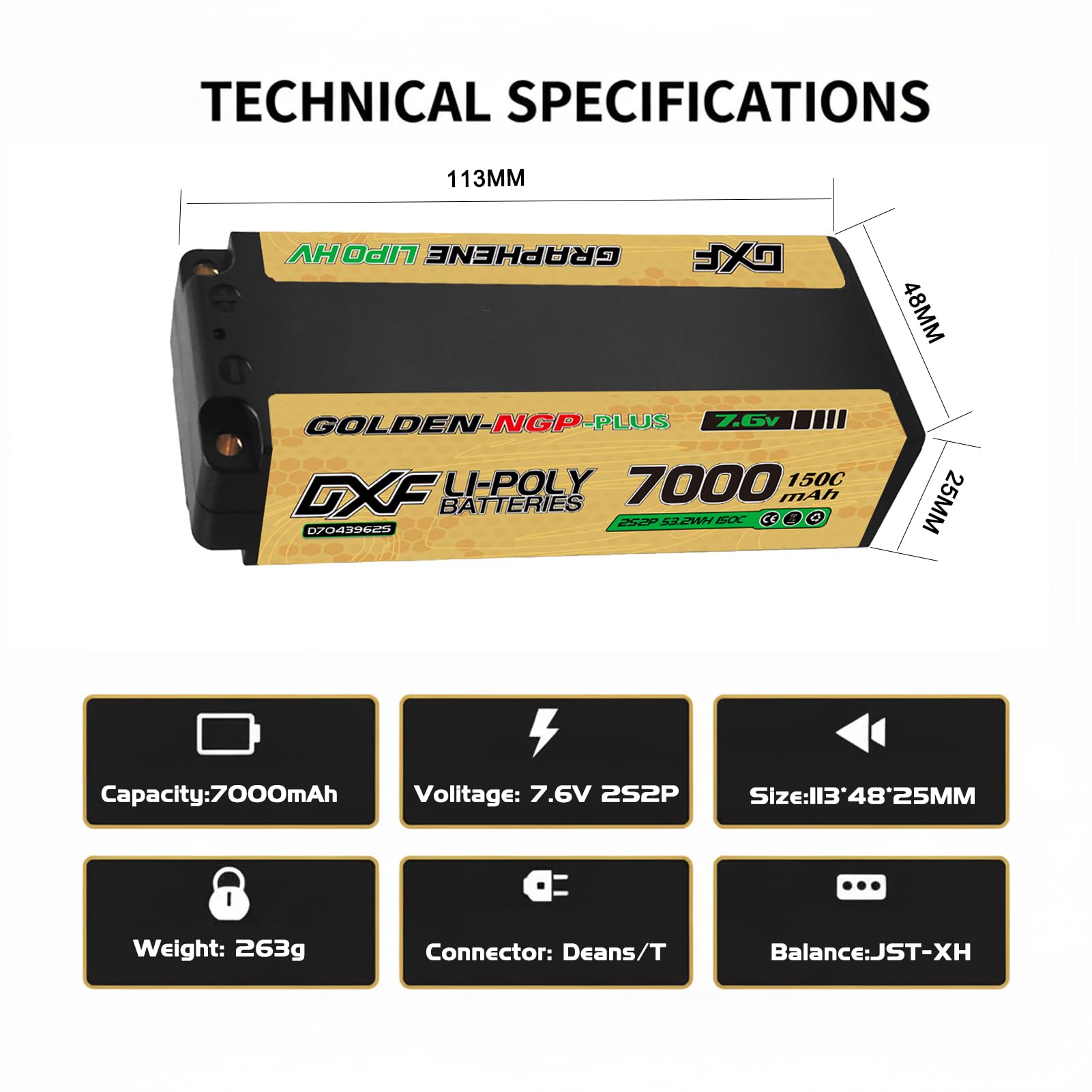 DXF 7.6V 2s lipo akku mit 7000mAh 150c medium-Sized Batteries Golden NGP entladung – lipo 2s ideal für 1/8 und 1/10 Auto rc-Fahrzeuge, leistungsstark, Batterie Pack mit Dean/t 5mm
