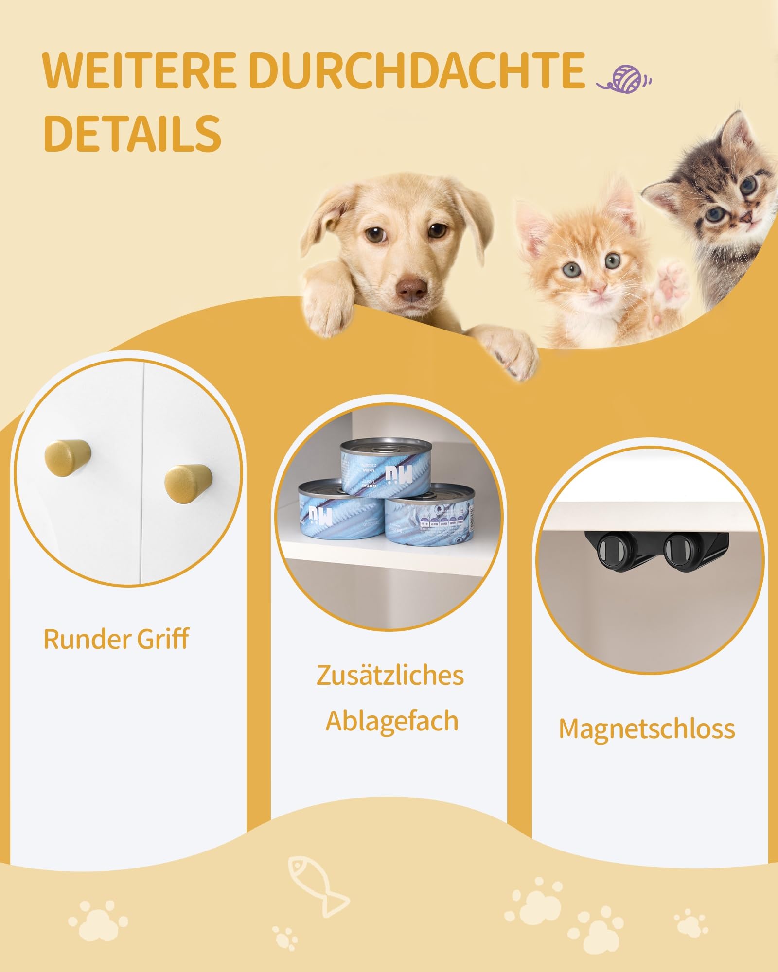Hzuaneri Katzenschrank, Katzentoilette, Katzenklo Schrank, Katzenhaus mit Tür und separater Trennwand, 80 x 50 x 61 cm, Stabile Katzenschrank, Sitzbank, Weiß und Gold 01503GCLB