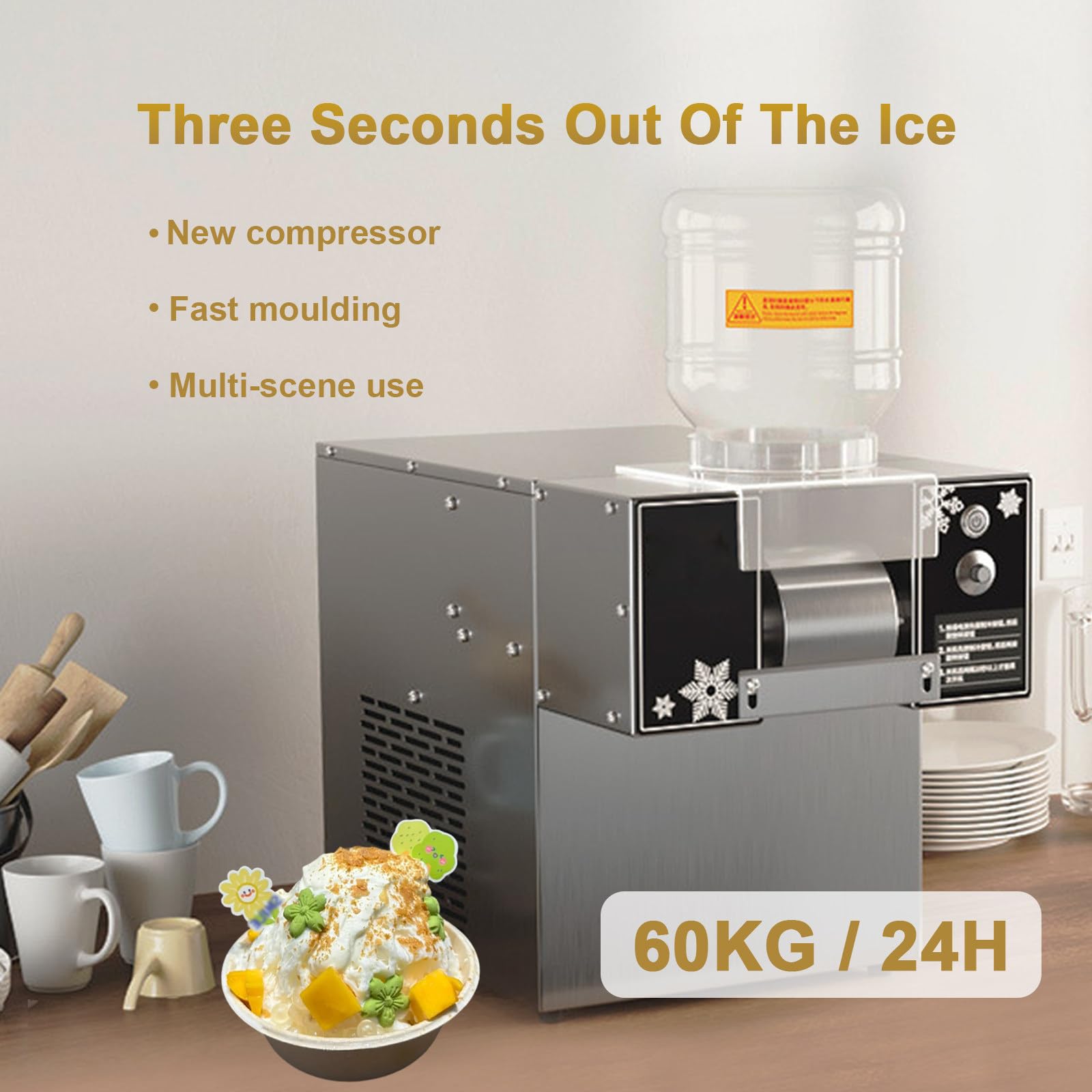 Machine À Glace Pilée Commerciale Automatique 60 Kg/24 H, avec Réglage De La Vitesse Et Seau De 2 L, pour Smoothies, Lait, Glaces Et Cafés