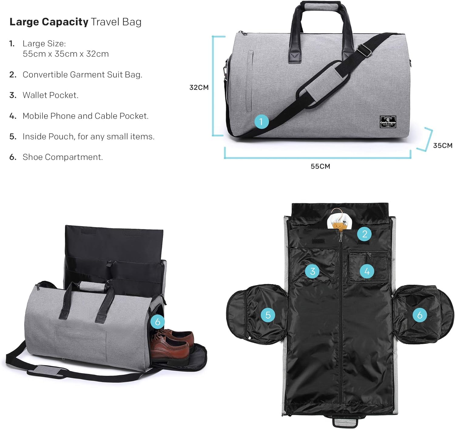 ComfyDegree Bolsas de Viaje Portatrajes de Viaje Portátil, Bolsa de Viaje Plegable Ideal para Negocios Hombres Mujeres, Bolsa de Deporte con Compartimentos para Zapatos y Correa Ajustable (Gris)