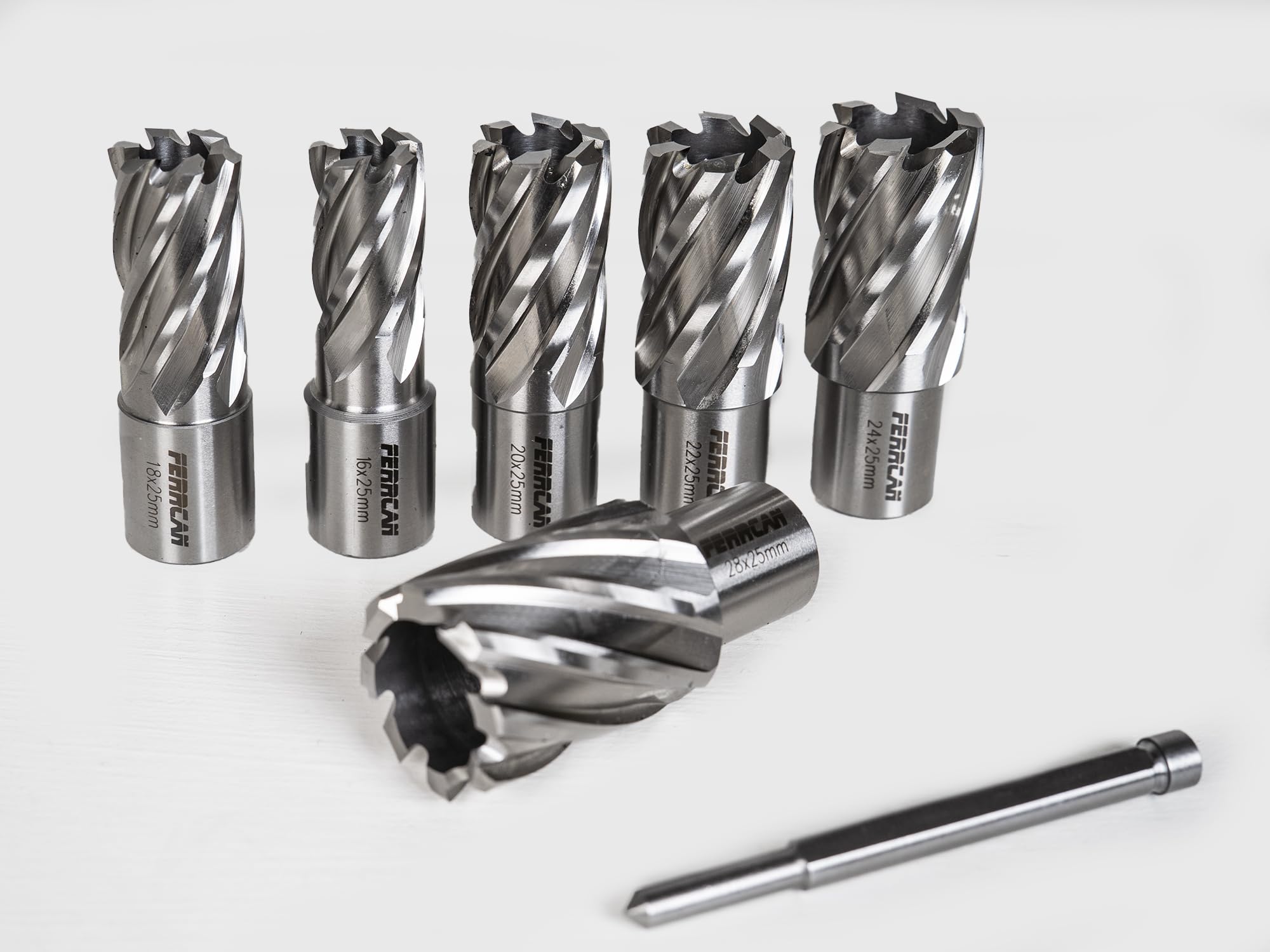 Maletín de 6 brocas huecas HHS Ferrcan, para perforación de metales vástago weldon de 16,18,20,22,24 y 28mm con profundidad de 25mm.