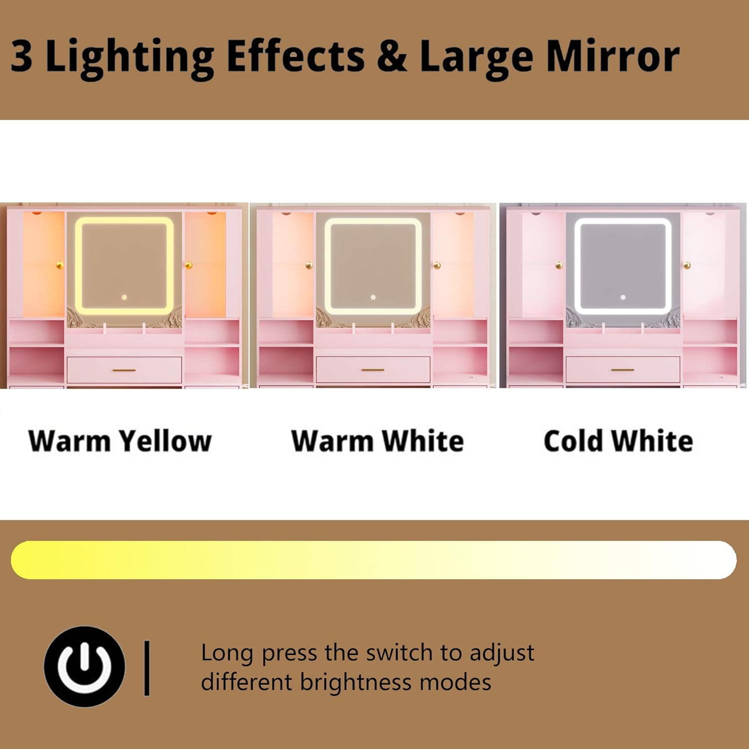 Makeup Vanity with LED Light Strip Mirror and Chair, 7 Drawers & 2 RGB Cabinets Pink Vanity Makeup Desk with Power Strip, Adjustable LED Lighting, and Cushioned Stool for Women, Girls, Teens Blush Pink 7-Drawer