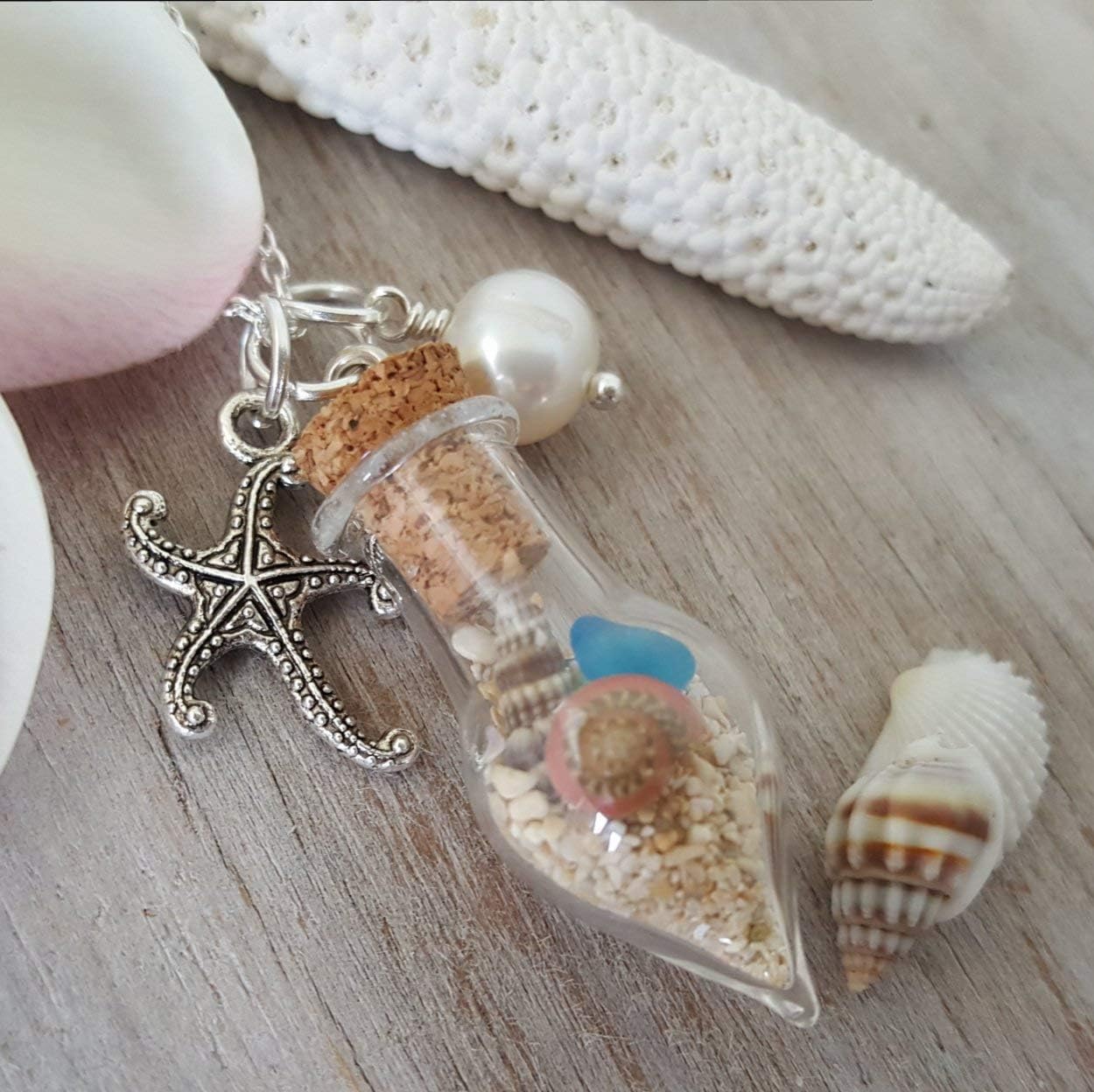 yinahawaii Handmade in Hawaii, Water Drop wish bottle with sea glass, seashell, starfish charm, (Water Drop)