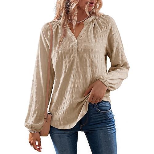 Dokotoo Womens Tops Dressy Casual Lantern Long Sleeve Shirts Fall Outfits Textured Business Blouses V Neck Button Down Shirts
