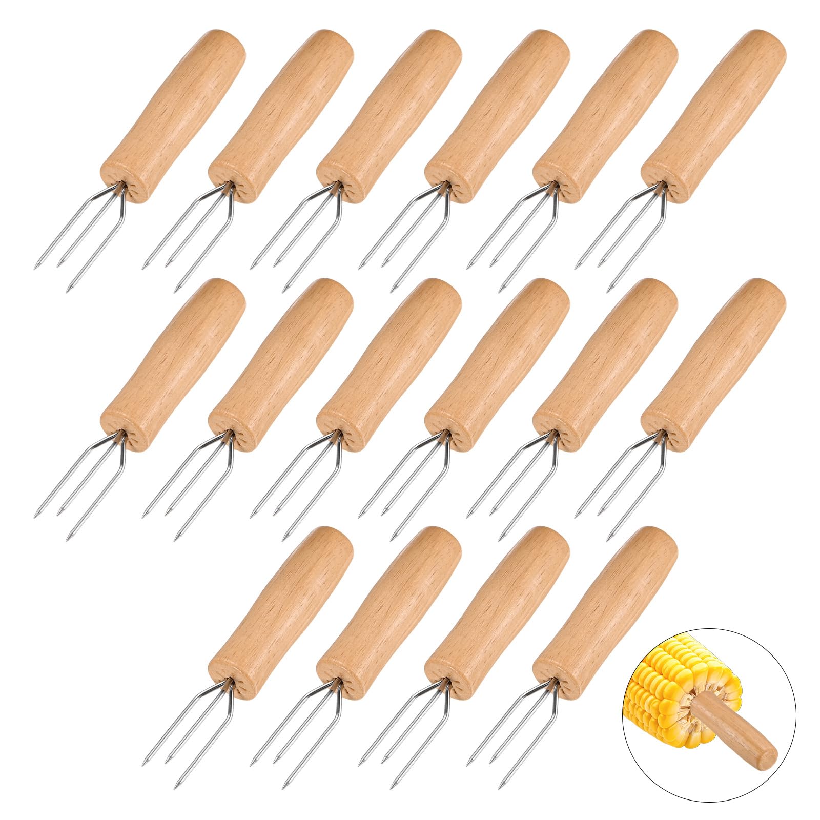 M METERXITY 16-Pack Corn Holders, 4.1 Inch Stainless Steel Corn on the Cob Holders with Wooden Handles for BBQ/Parties/Home Cooking/Camping, Cob Skewers [Wood Tone, Large]