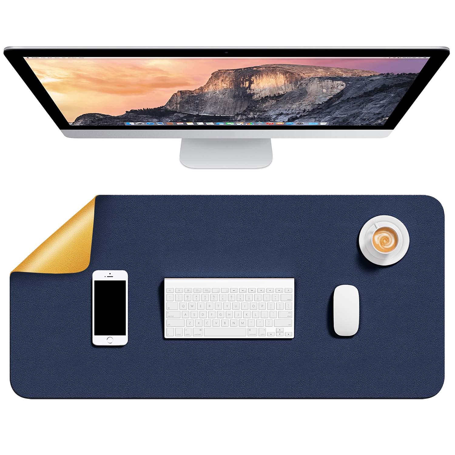 Hsurbtra Desk Pad, 80 x 40 cm Dual Side PU Leather Large Mouse Pad, Desk Protector, Desk Mat for Desktop, Cute Desk Accessories for Women Office, Desk Supplies for Keyboard and Mouse, Blue & Yellow — image 1
