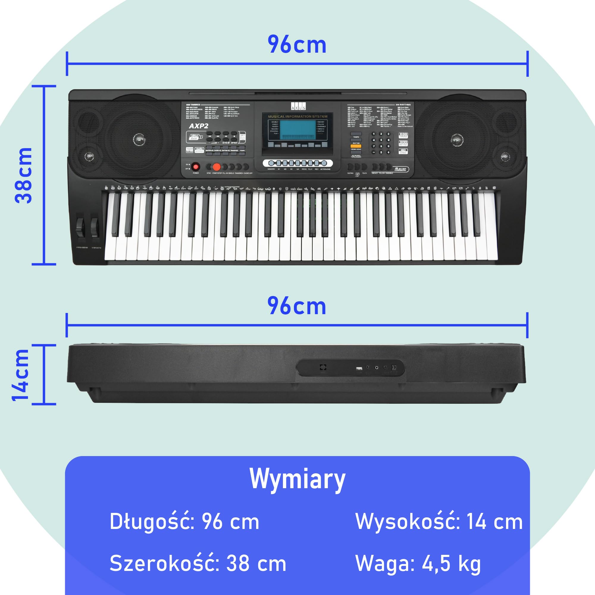 Axus AXP2-Paket mit elektronischem Keyboard-Piano, 61 „Hammermechanik“-Tasten mit Anschlagdynamik, dazu ein Ständer, ein Hocker, ein Kopfhörer, ein Netzteil und ein Notenständer
