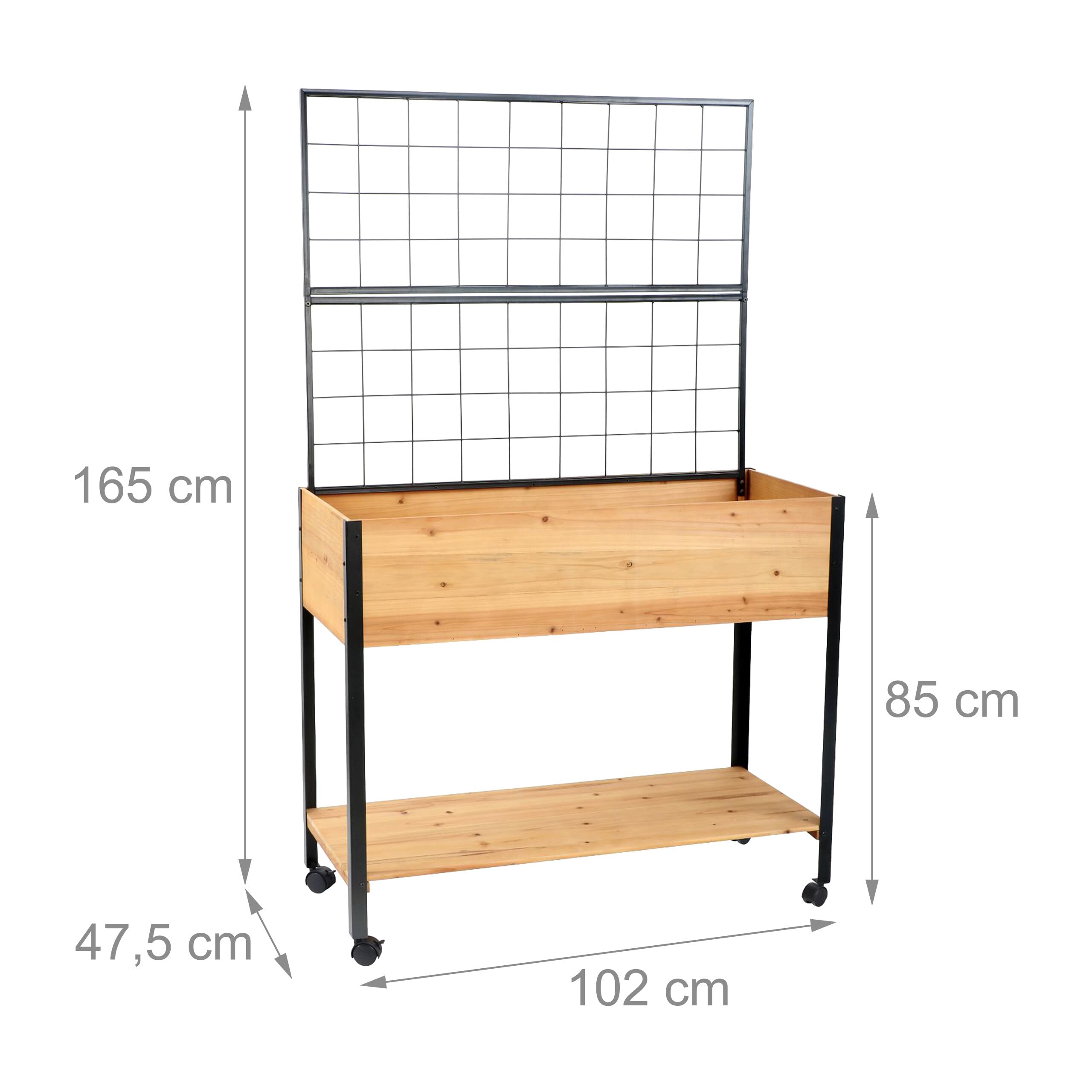 Relaxdays Potager surélevé en Bois avec Treillis, étagère, roulettes, 165x102x47,5 cm, Naturel/Noir
