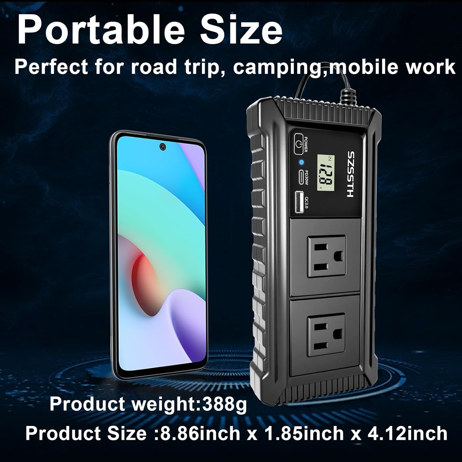 200W Car Power Inverter DC12V to AC110V, Car Charger with Dual AC Outlet 18W QC 3.0 USB-A and PD27W USB-C Fast Charger and Car Cigarette Lighter, Power Inverters for Road Trip,Camping,Work (Black)
