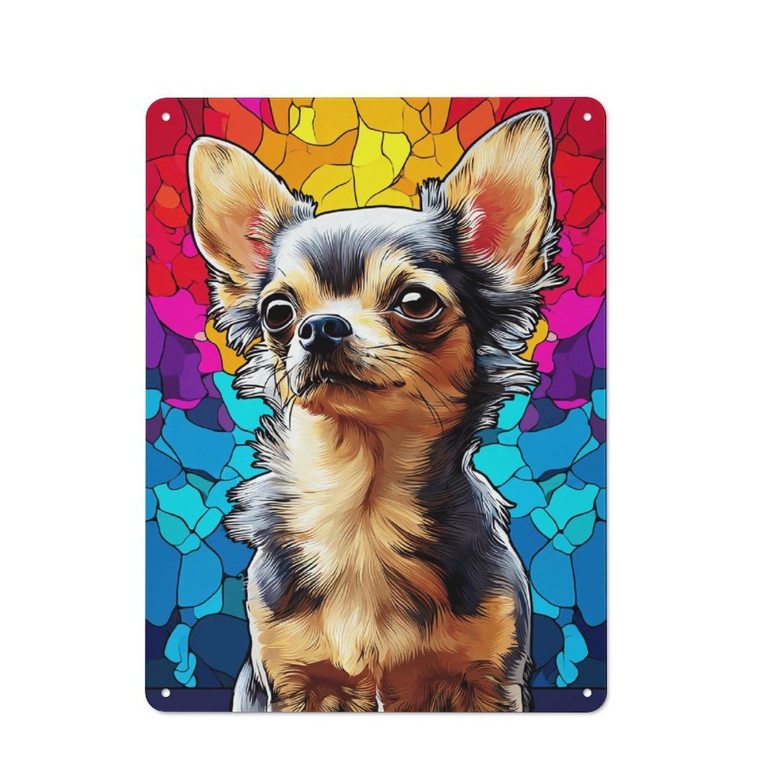 Junmoney Colorful Stained Glass Chihuahua Vintage Tin Sign 40X30cm Featuring For Workshop Wall, Gift For Metal Sign Collectors During The Christmas Season
