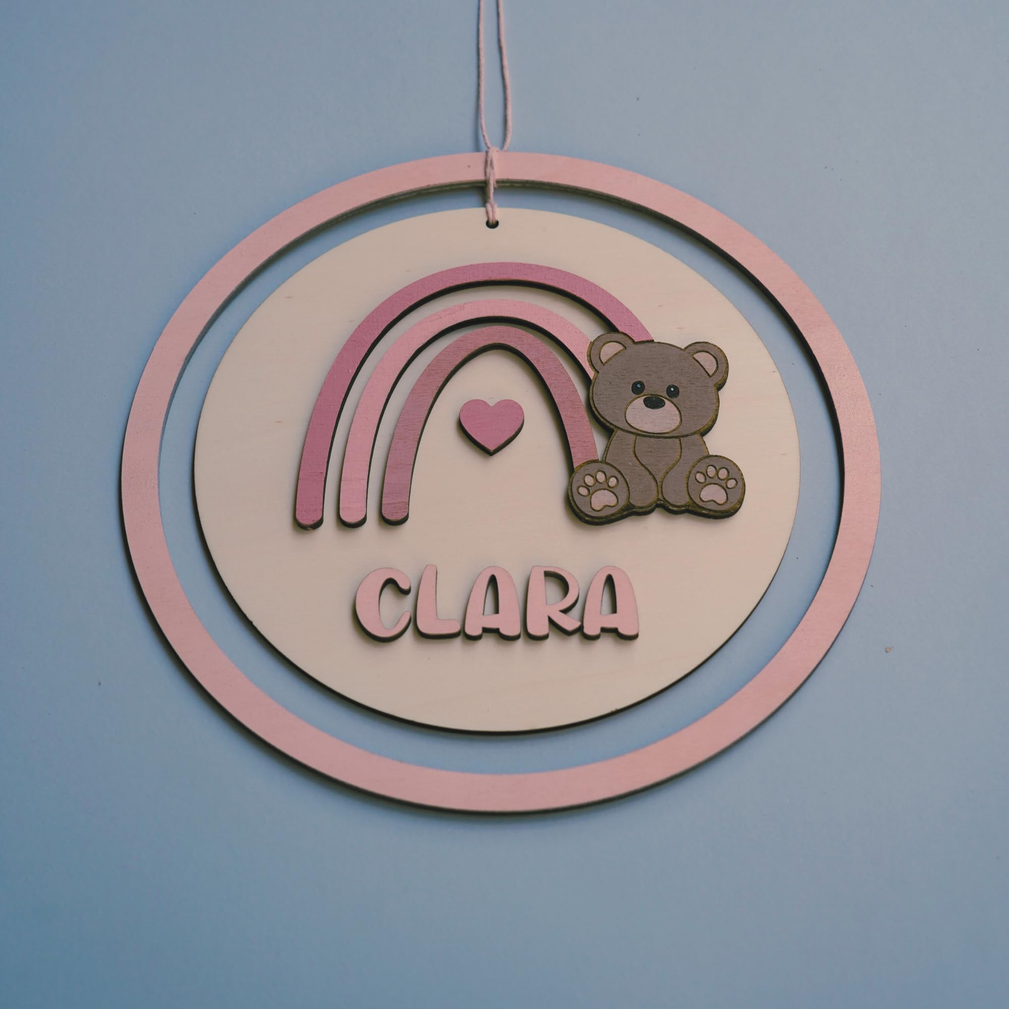 Decorazione Personalizzata da Parete per Bambini, Orsetto con Arcobaleno, Targa in Legno per Cameretta, Regalo Nascita e Battesimo, Fiocco nascita fatto a Mano