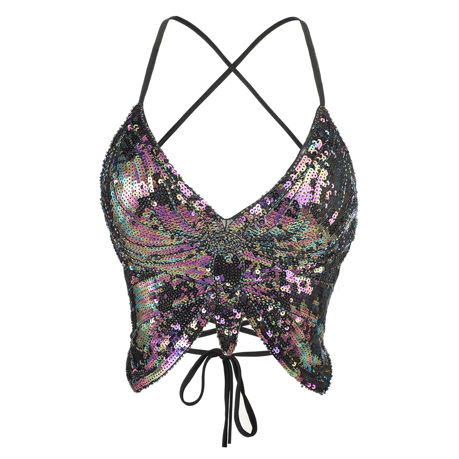 Haut Court Papillon à Paillettes pour Femme Haut de Crop Top Scintillant Soutien-Gorge de Danse Costume de Gilet sans Manche Costume de Danse du Ventre pour Spectacle Festival Soirée Fête