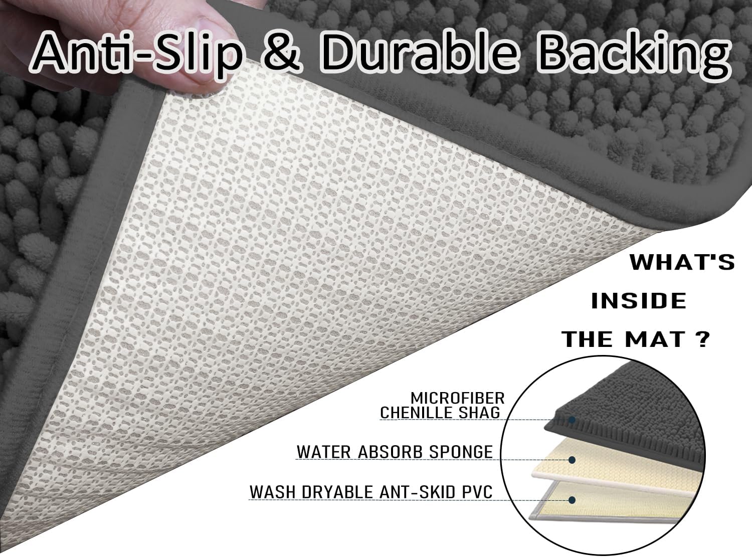 Bathroom Rugs Sets 3 Piece,Bath Mats for Bathroom Non Slip, Thick Chenille Bath Rug,Soft and Absorbent Shaggy Bathroom Mat Set Machine Wash & Quick Dry Durable Carpet for Bath, Kitchen,Dark Gray - Image 4