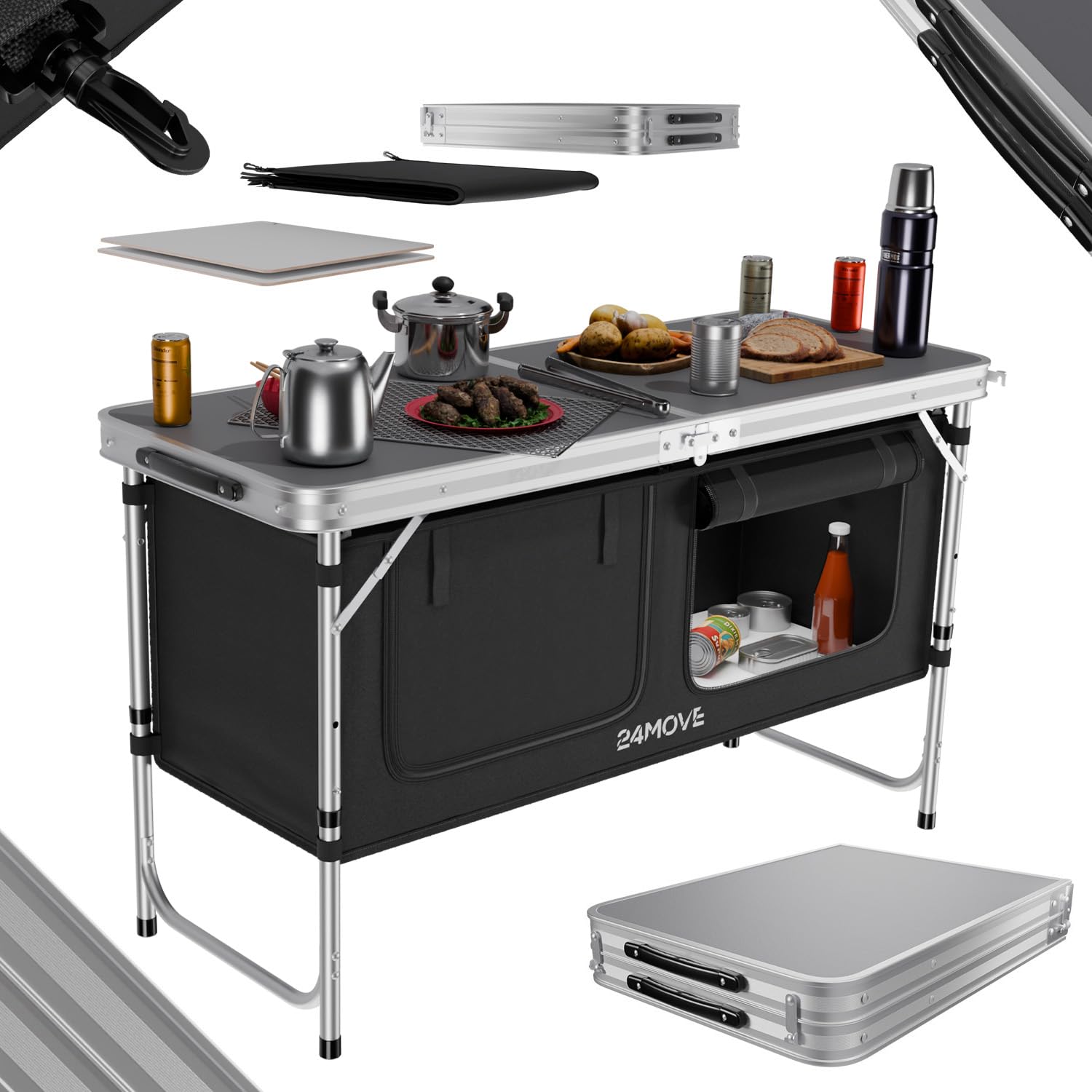 24MOVE® Campingküche faltbar, höhenverstellbarer Campingschrank Alu Reiseküche mit Arbeitsplatte und Staufächern, Outdoor Camping inkl. Tragetasche