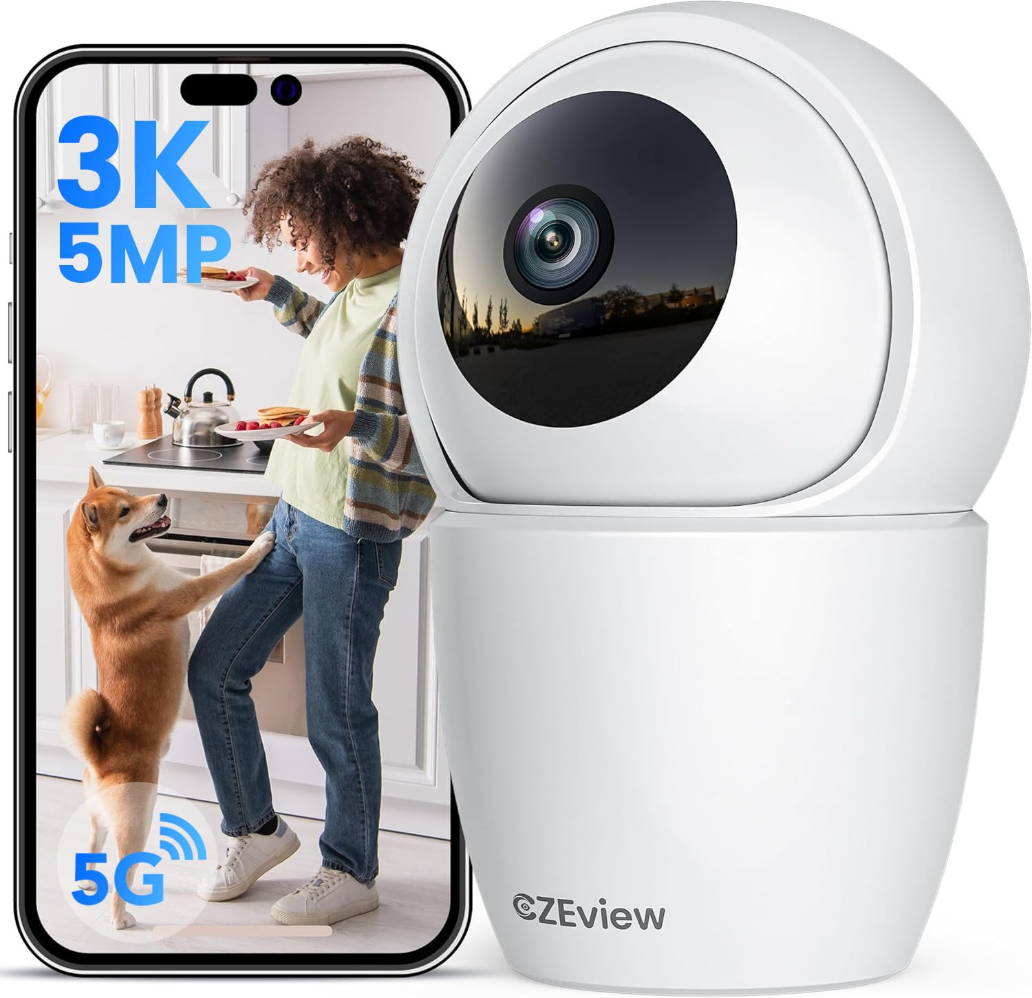 CZEview 3K/5MP Cámara Vigilancia WiFi Interior, 5/2.4GHz Camaras Vigilancia Domicilio, Camara para Perros y Mascotas, PTZ 355°, Visión Nocturna, Audio Bidireccional, Alexa (Blanco)