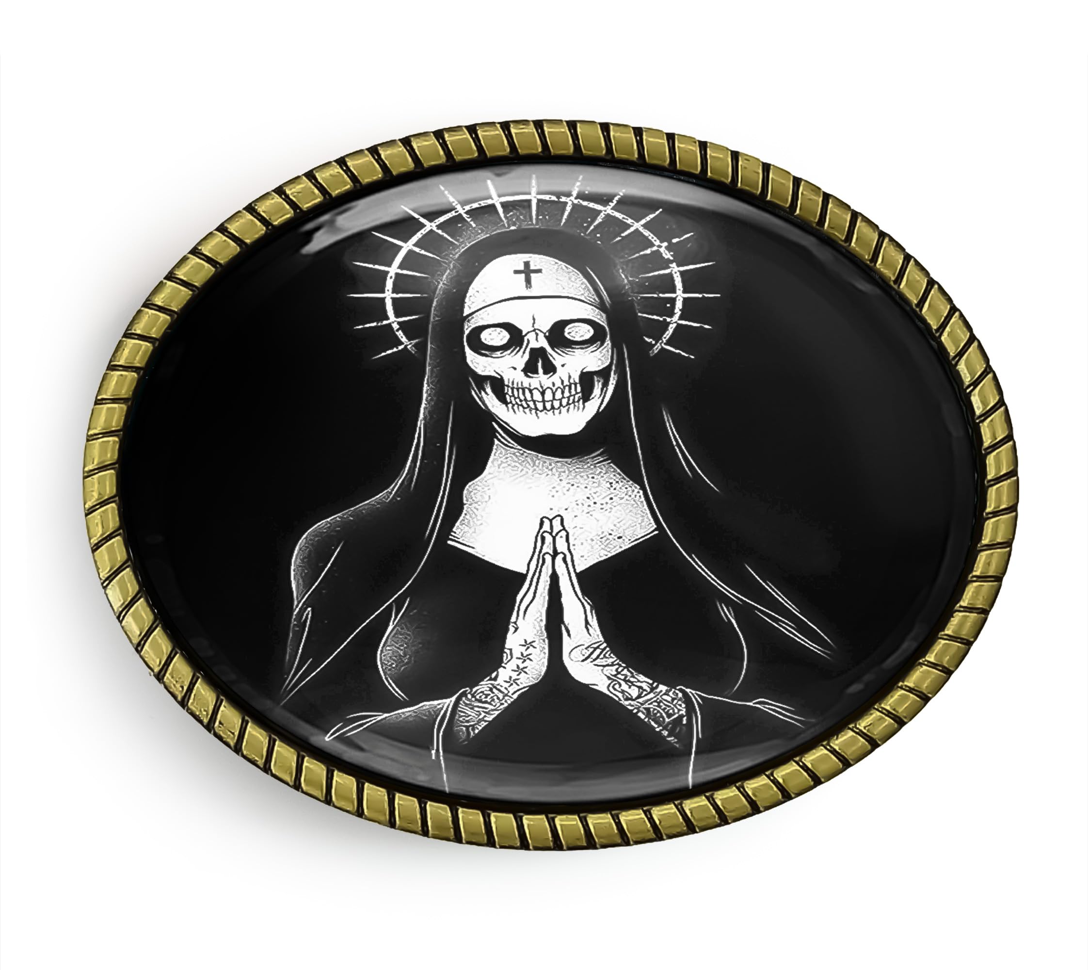 Santa Muerte Belt Buckle - Day of the Dead Art Handmade Artisan BuckleB (Antique Gold)