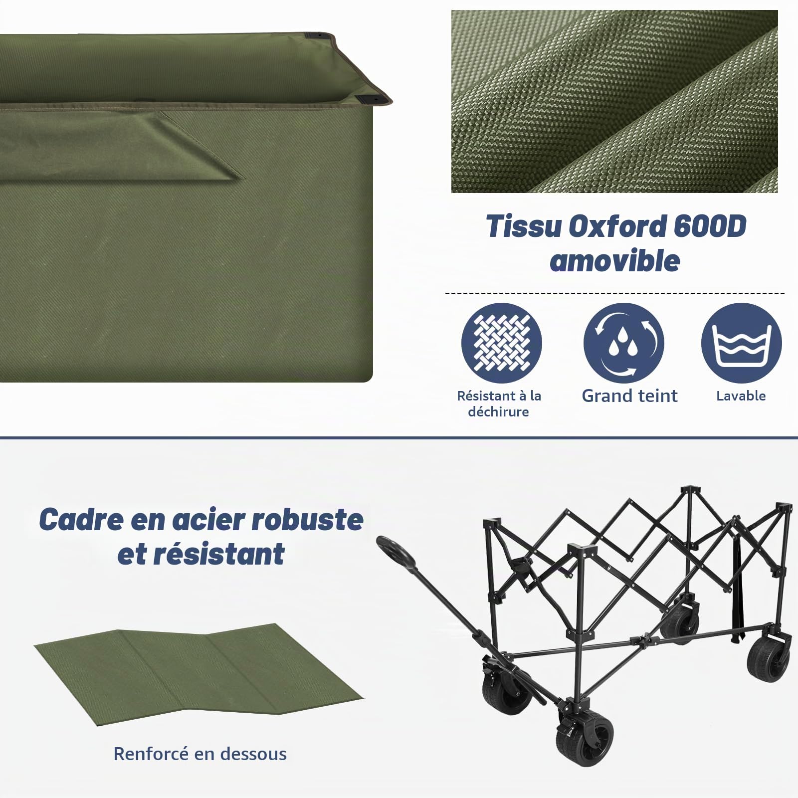 Chihee Chariot de Jardin Pliable Chariot Utilitaire,Chariot de Plage Pliant Capacité 220L,Très résistant Roues Tout Terrain Pochette surdimensionnée 1 Bureau pliable2 Porte-Boissons