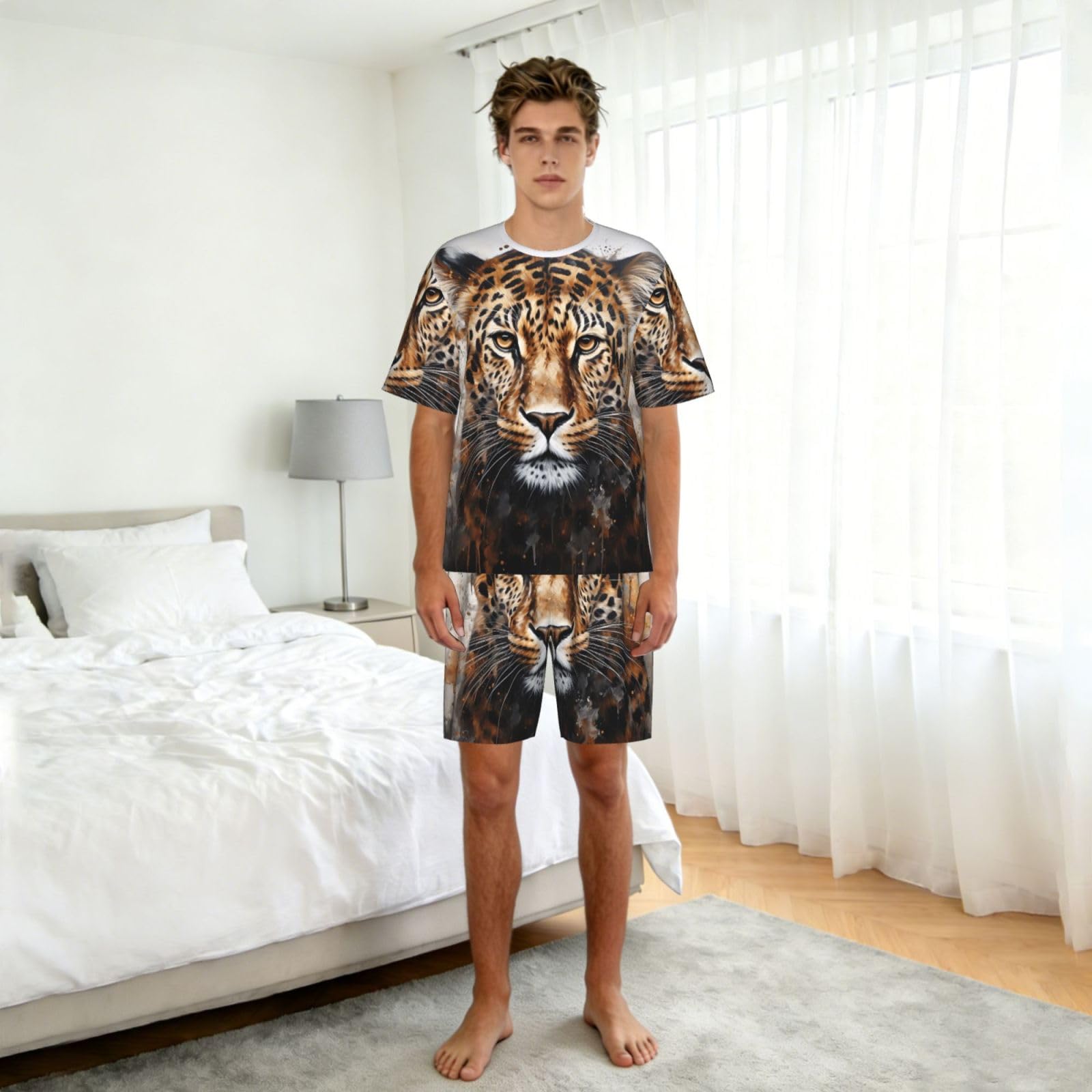 Set pigiama da uomo con stampa leopardata, comodi pantaloncini da pigiama da uomo, perfetti per le notti estive