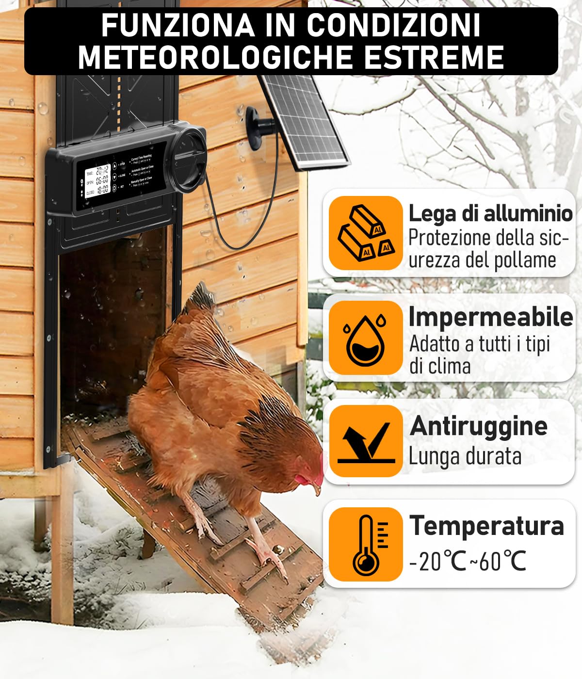 Porta Automatica Pollaio Solare con Funzione Manuale e Timer, Porta Pollaio Automatica Solare Anti-schiacciamento | Lega di Alluminio | Telecomando | Grande Pannello Solare | Batteria ad Alta Capacità