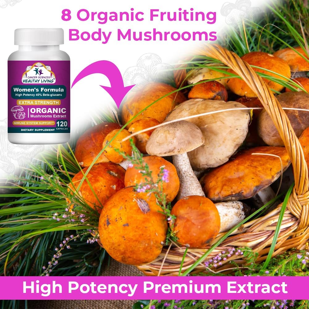 Cancer Sciences Organic Multivitamin for Women - Mushroom Supplement Extract - Hormonal & Immune Support Vitamins - 1,500mg Non-GMO Wellness Mushroom Complex with 40% Beta-Glucans,120 Capsules