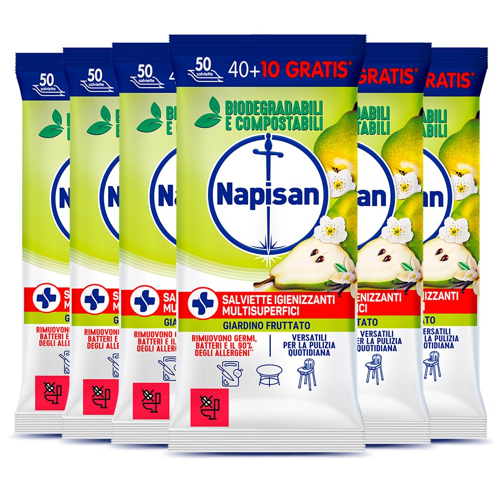 Napisan Salviette Igienizzanti Multisuperfici Fragranza Giardino Fruttato Rimuovono Germi e Batteri Biodegradabili Compostabili Versatili per Pulizia Quotidiana - 6 Confezioni da 50 Salviette
