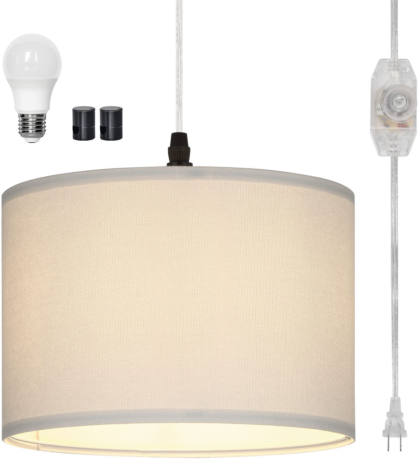 Plug in Pendant Light, Hanging Light with Plug in Cord, Hanging Lamp with White Fabric Lampshade, Dimmer Switch & 15FT Cord, Hanging Light Fixture for Living Room Bedroom Kitchen (Bulb Included)