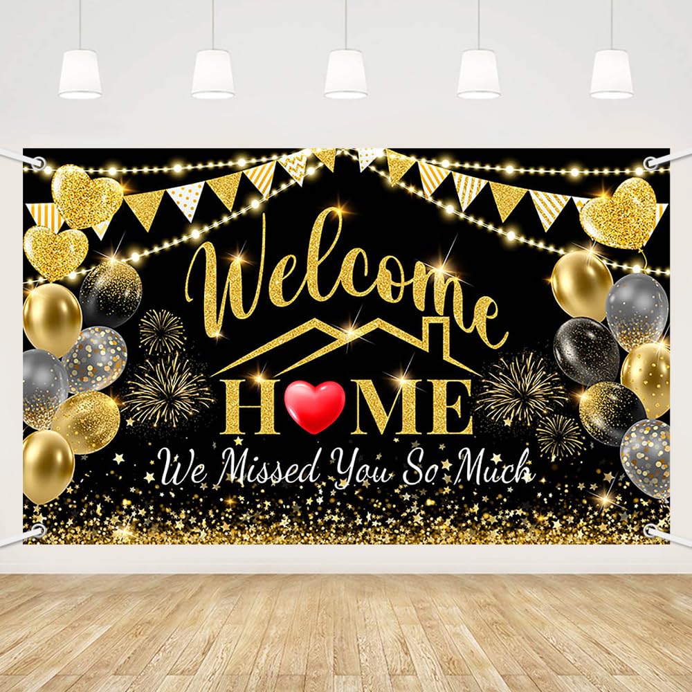 MEHOFOND Welcome Home Backdrop Decorations, Black Gold Welcome Home Backdrop, We Missed You So Much Party Decor, Family Reunion Patriotic Military